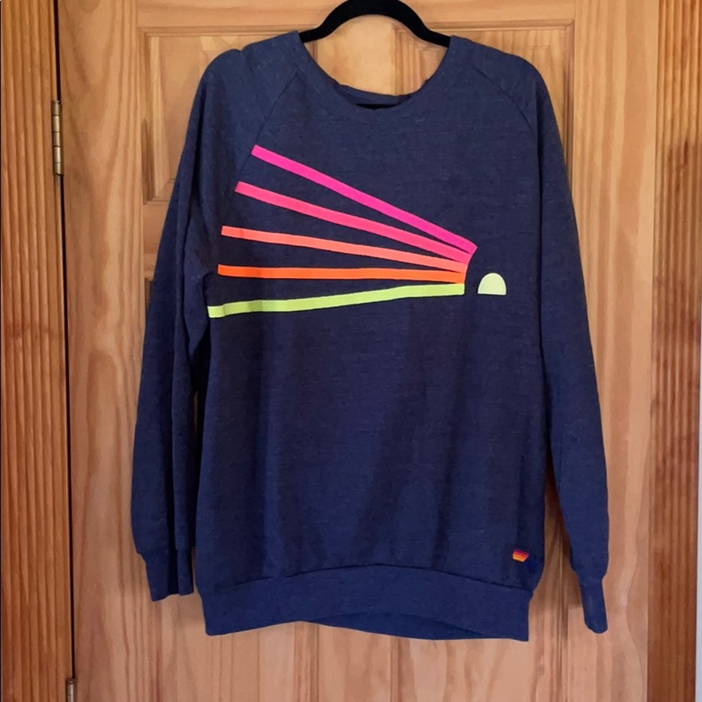 Aviator Nation Navy Sweatshirt with Pink Orange Neon Yellow Stripe Graphic